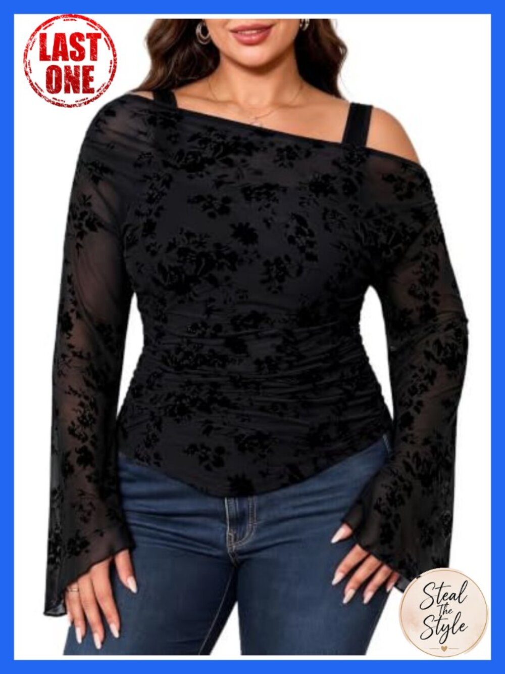 Plus Size Off Shoulder 2-in-1 Ruched Sheer Bell Sleeve Tee